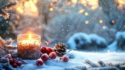 A lit candle and berries create a winter season scene