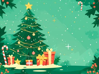 Fototapeta premium Flat illustration of a Christmas tree, gifts and candy canes on a green background, with Christmas elements, greenery, stars and garlands, in a minimalistic style with simple shapes