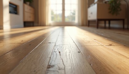 Oiled oak parquet flooring. Natural wood texture, simple beauty. Modern interior decor. Wooden boards in home with sunlight. Carpentry craftsmanship with quality. Interior design materials.