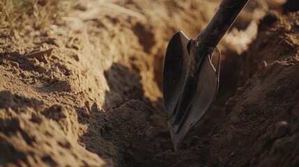 Trench digger manually clearing a narrow ditch for underground cables. Featuring physical effort and precision
