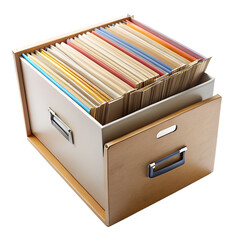 Open file cabinet with paper documents isolated on transparent background