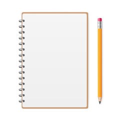 Opened brown notepad or notebook with spiral and yellow pencil. Vector EPS 10
