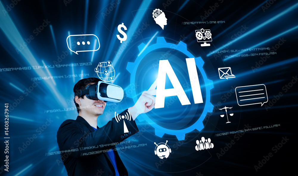 Poster smart businessman wearing suit and vr goggle while using ai assistance planning plan. project manage