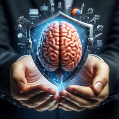 Doctor hands with brain. Growing mind in psychologist hand, mental health holding safety head, psychology therapy medical treatment science counseling vector illustration of human brain in hands