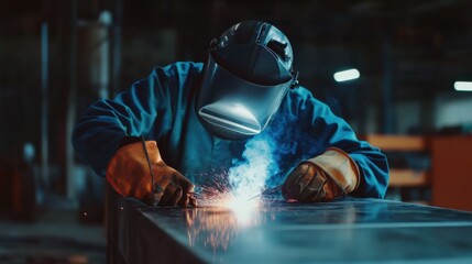 Welding technician wearing protective gear and welding metal parts. Featuring focus and safety