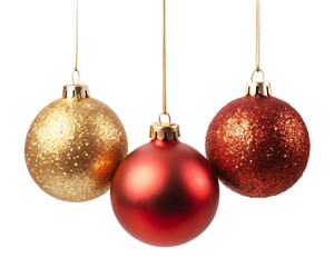 Three hanging Christmas balls isolated on white background png
