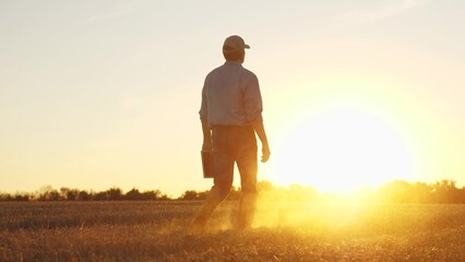 Farmer walking through wheat field in rubber boots, , agriculture, business of the golden grain,...