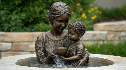 Mother and child bronze fountain art installation outdoor garden sculpture tranquil setting close-up view family bonding