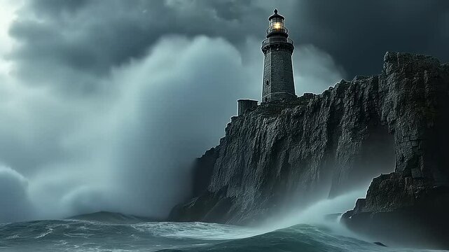 Dramatic lighthouse standing tall on rocky cliffs amidst turbulent ocean waves and stormy skies