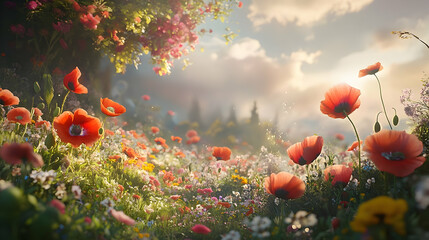 Obraz premium A vibrant meadow of wildflowers bathed in golden sunlight.