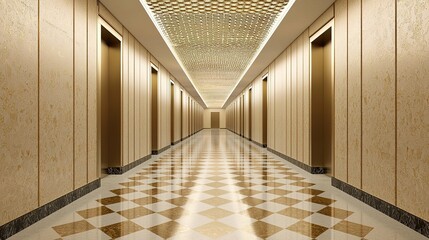Luxurious hotel hallway modern building interior design elegant ambiance wide angle gigapixel standard scale