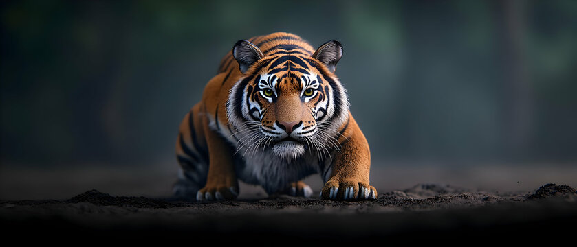 A Majestic Tiger Stalking Its Prey in the Dark Jungle With Intense Gaze