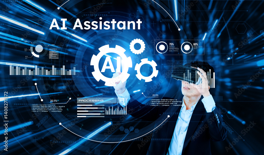 Poster smart businessman wearing suit and vr goggle while using ai assistance planning plan. project manage