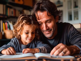 Obraz premium Portrait of a happy father and son doing homework together at home, white background with copy space for text,