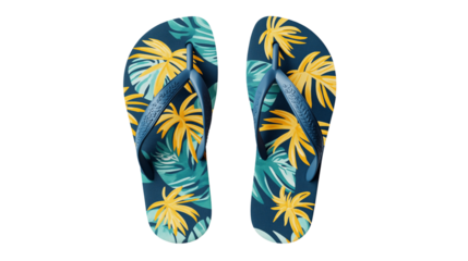 Beach flip-flops with tropical pattern, flat lay, isolated PNG with white background, ultra-sharp details