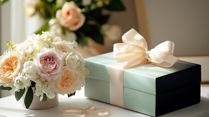   A vase holding white and peach flowers sits beside a blue box adorned with a white bow