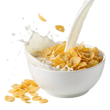 Watercolor Corn flakes with milk splash in  bowl  isolated white background