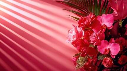 Obraz premium A vase brimming with pink blossoms sits beside a palm frond and a vibrant mosaic wall, casting shadows