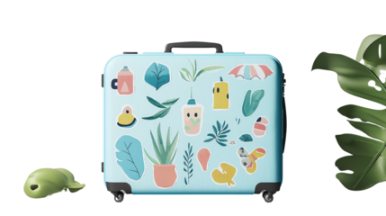 Travel suitcase with summer stickers, flat lay style, PNG transparent background, hyper-realistic