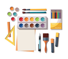 Art work accessories tools supplies set on white background. Paint brushes, paintbox watercolors, crayons, pencils and paper. Back to school. Top view