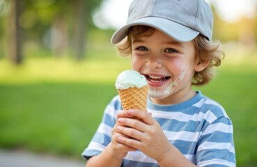 Happy boy eats ice cream outdoors. Child enjoys sweet dessert on hot summer day. Cute kid with a beautiful smile, face covered in melted ice cream. Summer holidays, lifestyle concept.