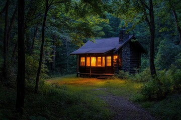 A house in the heart of the forest is surrounded by trees, the branches of which are gently illuminated by warm light from within.