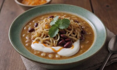Delicious bowl of spicy noodle soup with beans and yogurt served in rustic kitchen setting