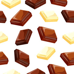 Seamless pattern with chocolate pieces different sizes in cartoon style. Vector illustration of delicious: black, white, milk chocolate isolated on white background. Packaging, wrapping paper. Banner.