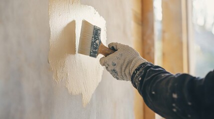 Builder applying paint to a wall at a construction site. Featuring skill and attention to detail