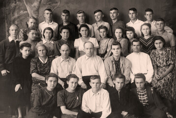 Voronezh, USSR - 05.27.1952: Vintage portrait of Soviet school graduates. Retro photo from 1952.