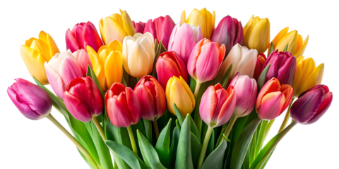 A collection of fresh natural pink, yellow, and red tulip flowers bouquet set. Generative AI isolated on white background PNG
