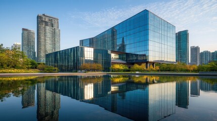 Modern glass high-rise buildings reflecting in a tranquil urban pond.