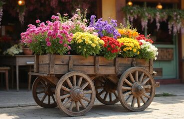 Vintage wooden cart overflows with vibrant flowers at outdoor market. Rustic wagon wheel with colorful blossoms creates charming decor, ideal for garden, seasonal themes, celebration events.