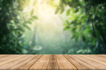 Wood table top podium floor in outdoors tropical garden forest blurred green leaf plant nature...
