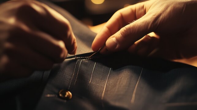 Tailor sewing a custom suit with careful stitching. Featuring detail and expertise
