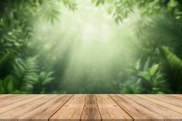 Wood table top podium floor in outdoors tropical garden forest blurred green leaf plant nature background.Natural product placement pedestal stand display,jungle paradise concept.