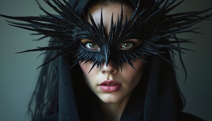 Mysterious woman in futuristic avant-garde fashion. Spiky black mask, dark hood. Portrait face of enigmatic, stylish female in edgy modern innovative design. Creative, unique, bold look, surreal