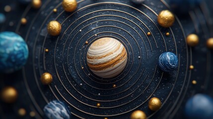 Celestial exploration jupiter and surrounding planets in a cosmic digital art simulation