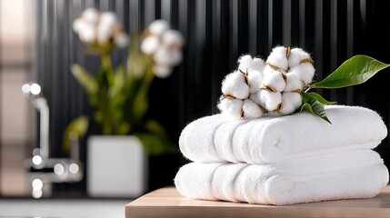  White towels stacked on wooden table beside green vase