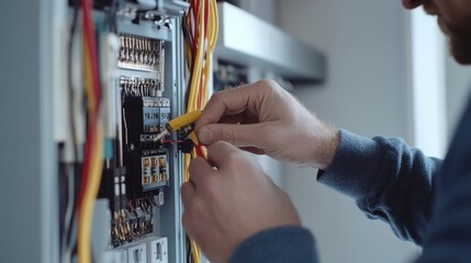 Electrician testing electrical systems in a new office building. Featuring precision and expertise