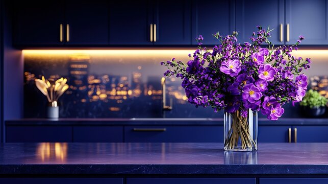   A vase brimming with purple blossoms rests atop a purple countertop, adjacent to a blue kitchen counter
