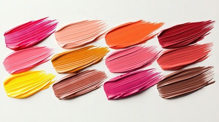  A collection of various hues including pink, orange, yellow, red and pink lipstick on a white background