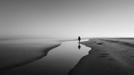 Solitary Figure Walking a Desolate Monochrome Beach