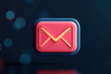 Fototapeta premium A pink and blue email icon with yellow lines on a dark blue background with bokeh effect lights around it