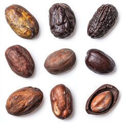 Collection of nine cocoa beans displayed isolated on white background