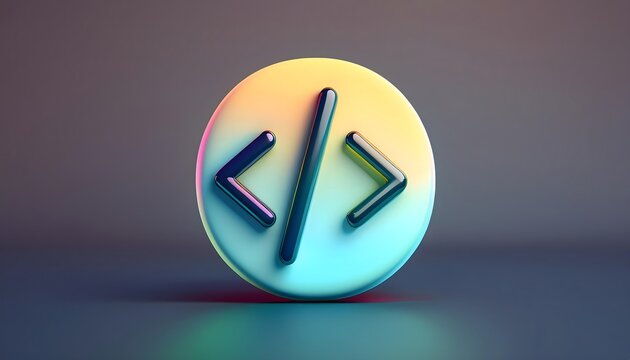 Vibrant 3D Rendered Code Icon: Software Development, Programming, and Digital Innovation Symbol with Colorful Gradient on Dark Background