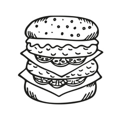 Hand Drawn Burger Isolated On White Background. Doodle Style Hamburger. Fast Food Sketch for Menu, Restaurant, Posters, Banners, Flyer. Vector Illustration Line Art Сheeseburger Design. Hamburger Day.
