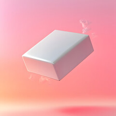 Floating white cube on a soft pink background