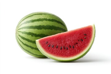 Fresh watermelon displayed with vibrant green stripes and a juicy, sliced piece revealing its rich red interior