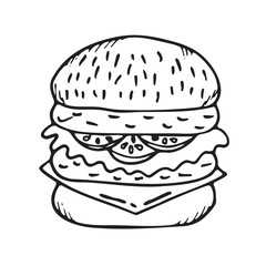 Vector Burger Sketch for Menu, Restaurant, Cafe, Poster, Banner. Hand Drawn Hamburger with cheese, cutlet, salad, cucumber. Doodle Hamburger Day. Line Art Сheeseburger.